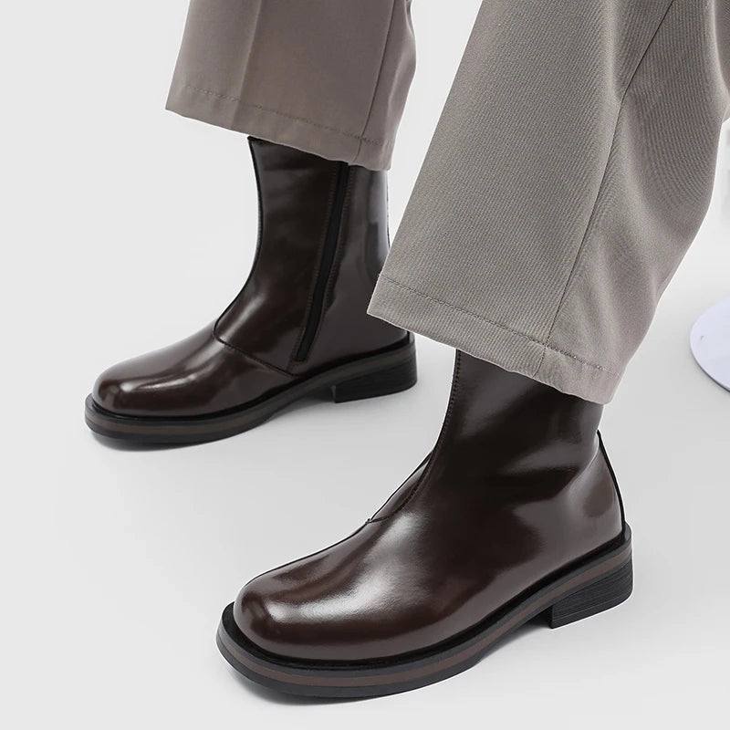 Men'S Dark Brown Mid-Calf Motorcycle Boots With Side Zipper