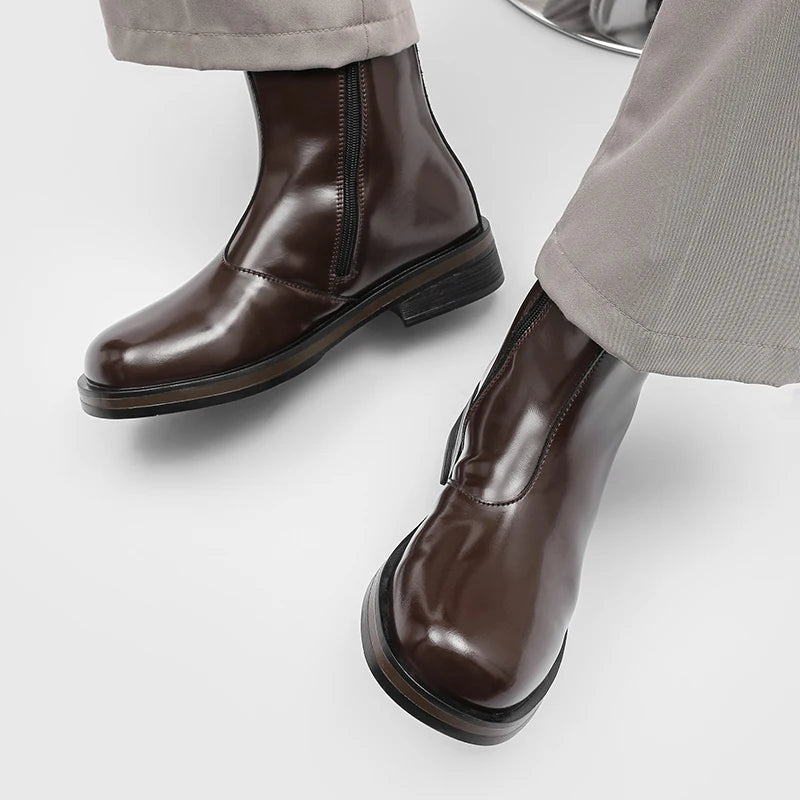 Men'S Dark Brown Mid-Calf Motorcycle Boots With Side Zipper