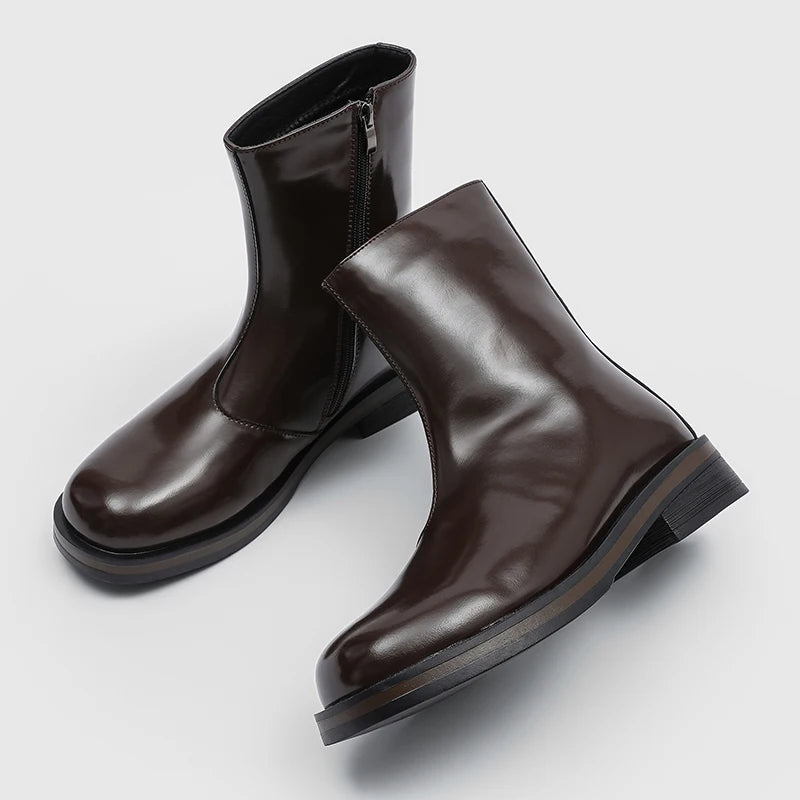 Men'S Dark Brown Mid-Calf Motorcycle Boots With Side Zipper