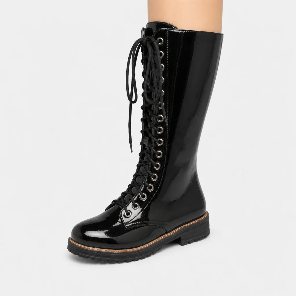 Black Knee High Boots Patent Leather Lace-Up