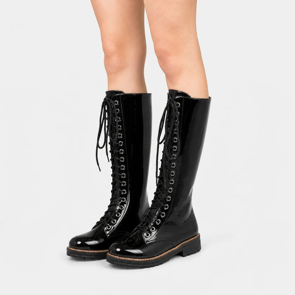 Black Knee High Boots Patent Leather Lace-Up