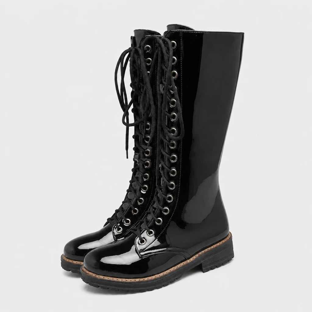 Black Knee High Boots Patent Leather Lace-Up