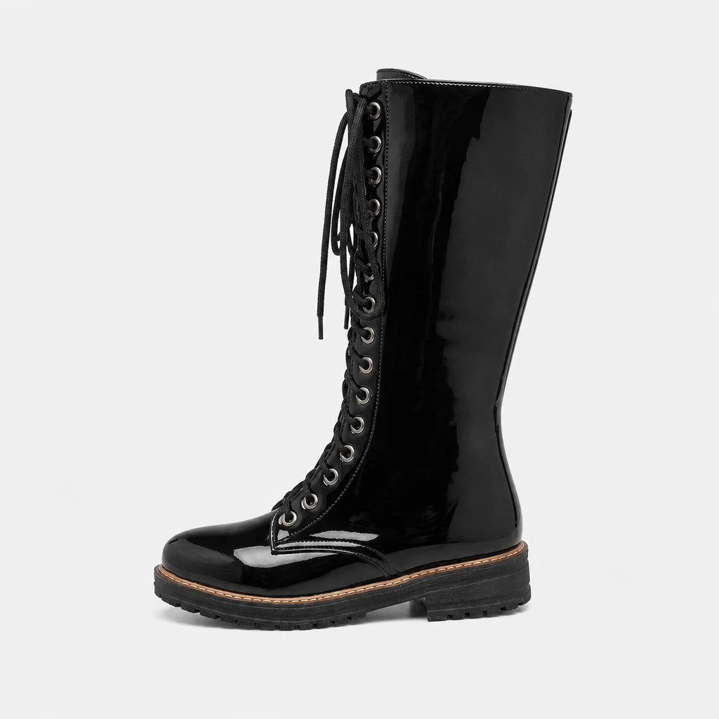 Black Knee High Boots Patent Leather Lace-Up