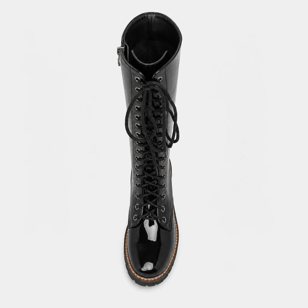 Black Knee High Boots Patent Leather Lace-Up
