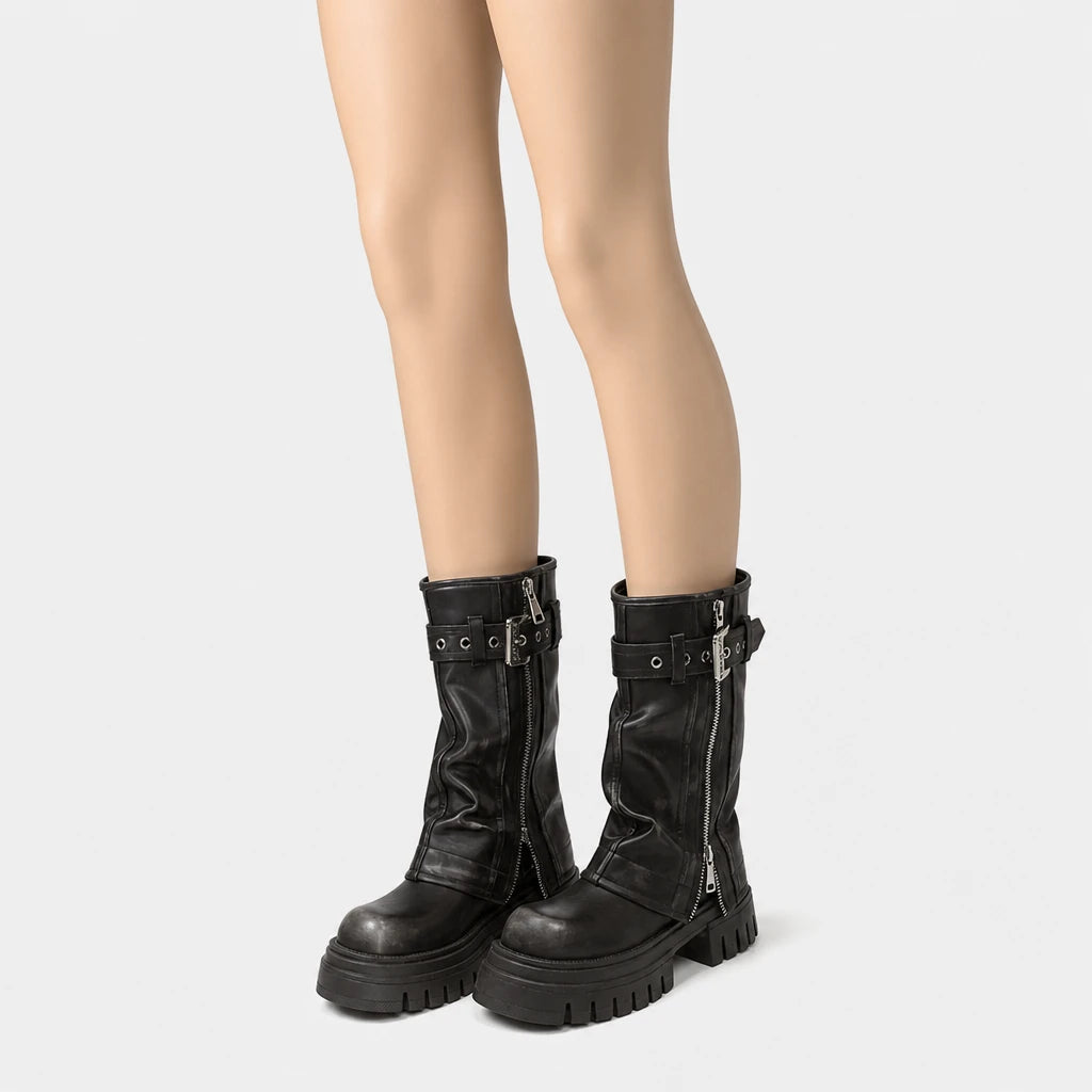 Boots Platform Lug Sole Belt Buckle