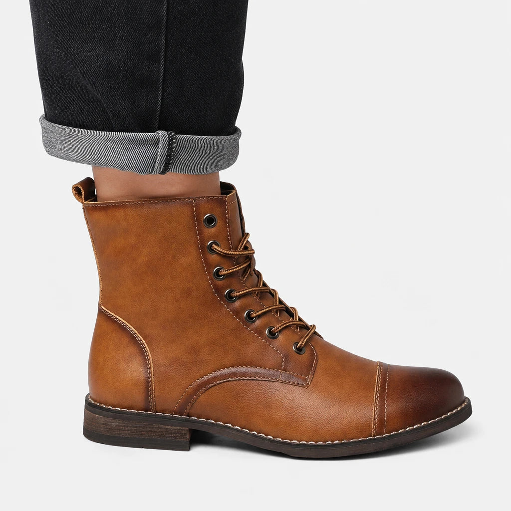 Brown Lace-Up Boots Men Retro