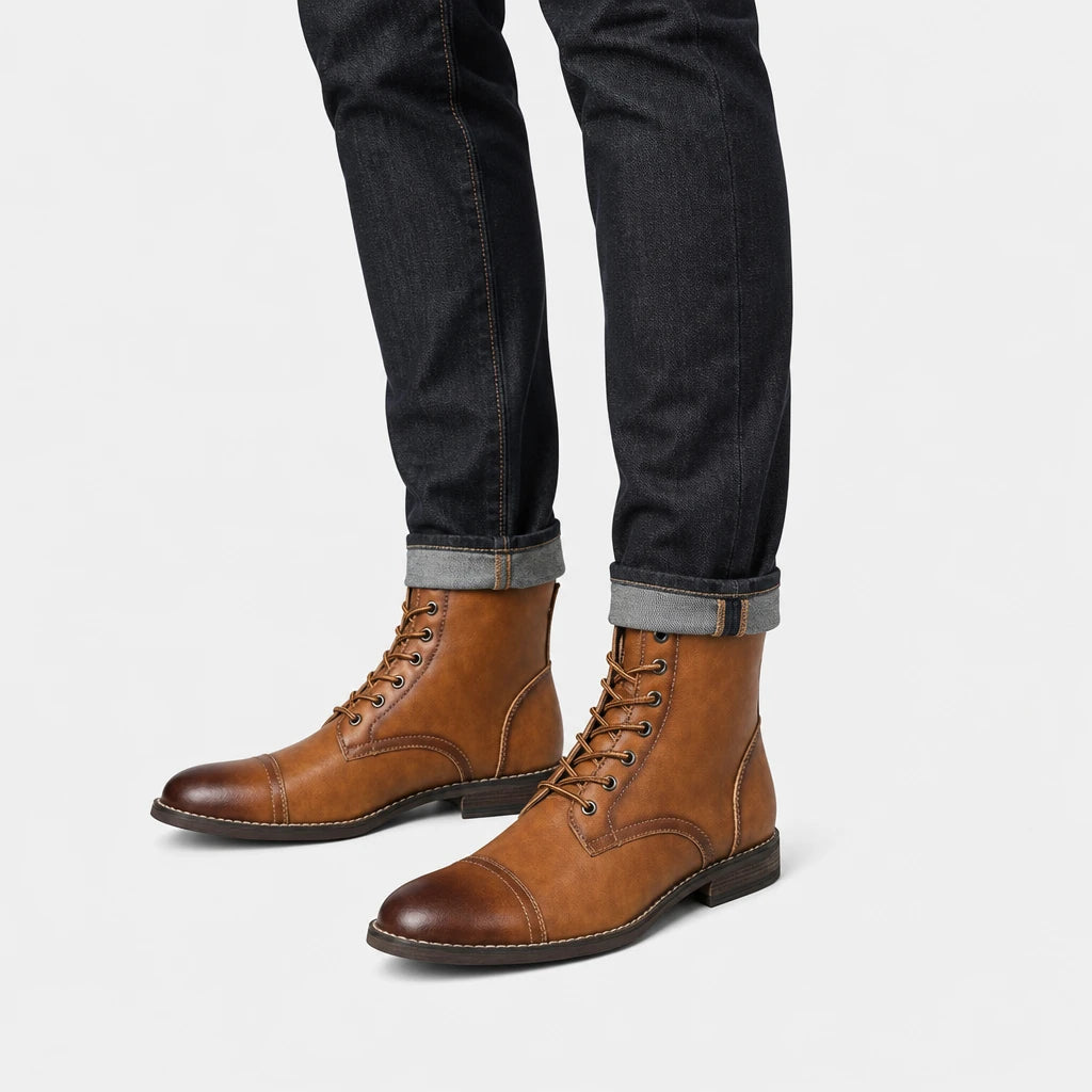 Brown Lace-Up Boots Men Retro