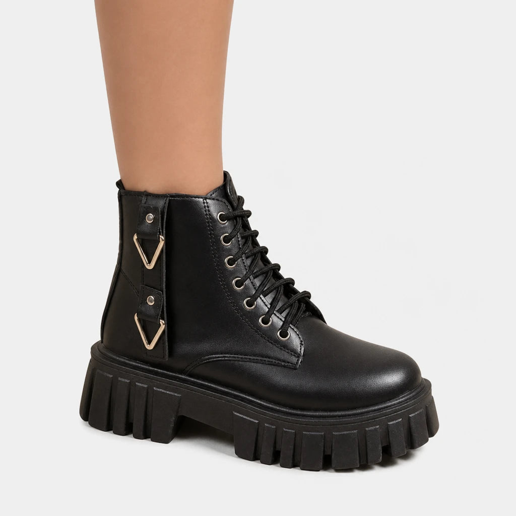 Chunky Lug Sole Motorcycle Boots With Platform Metal Accents
