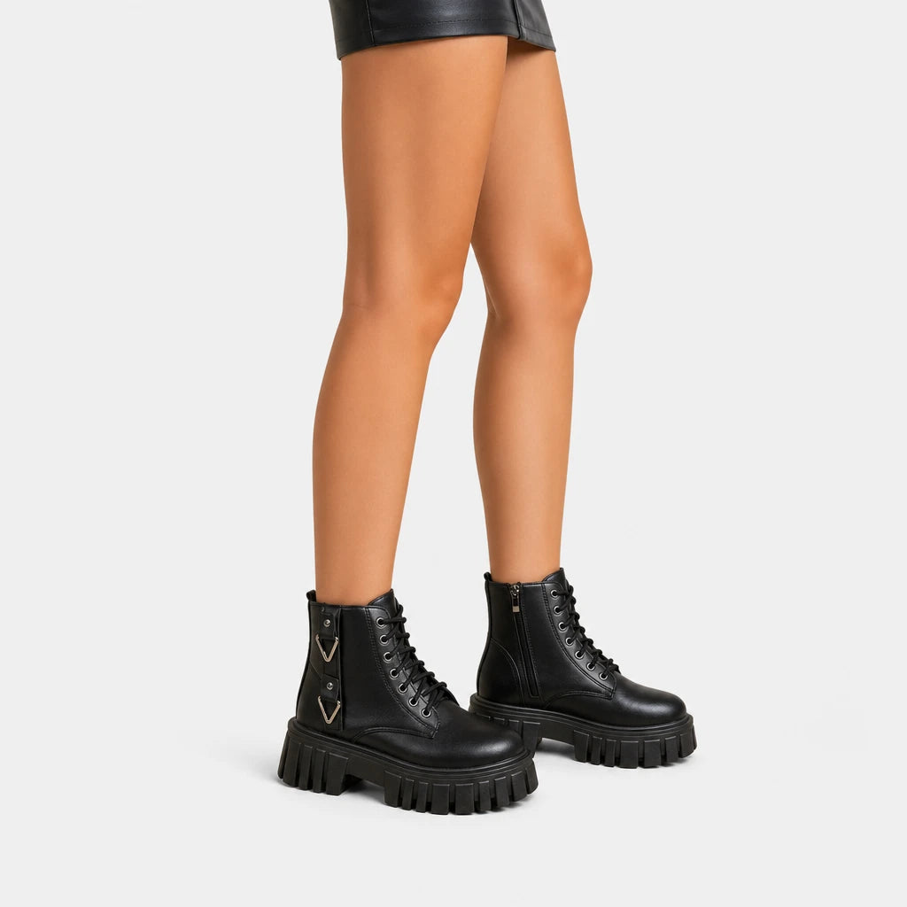 Chunky Lug Sole Motorcycle Boots With Platform Metal Accents