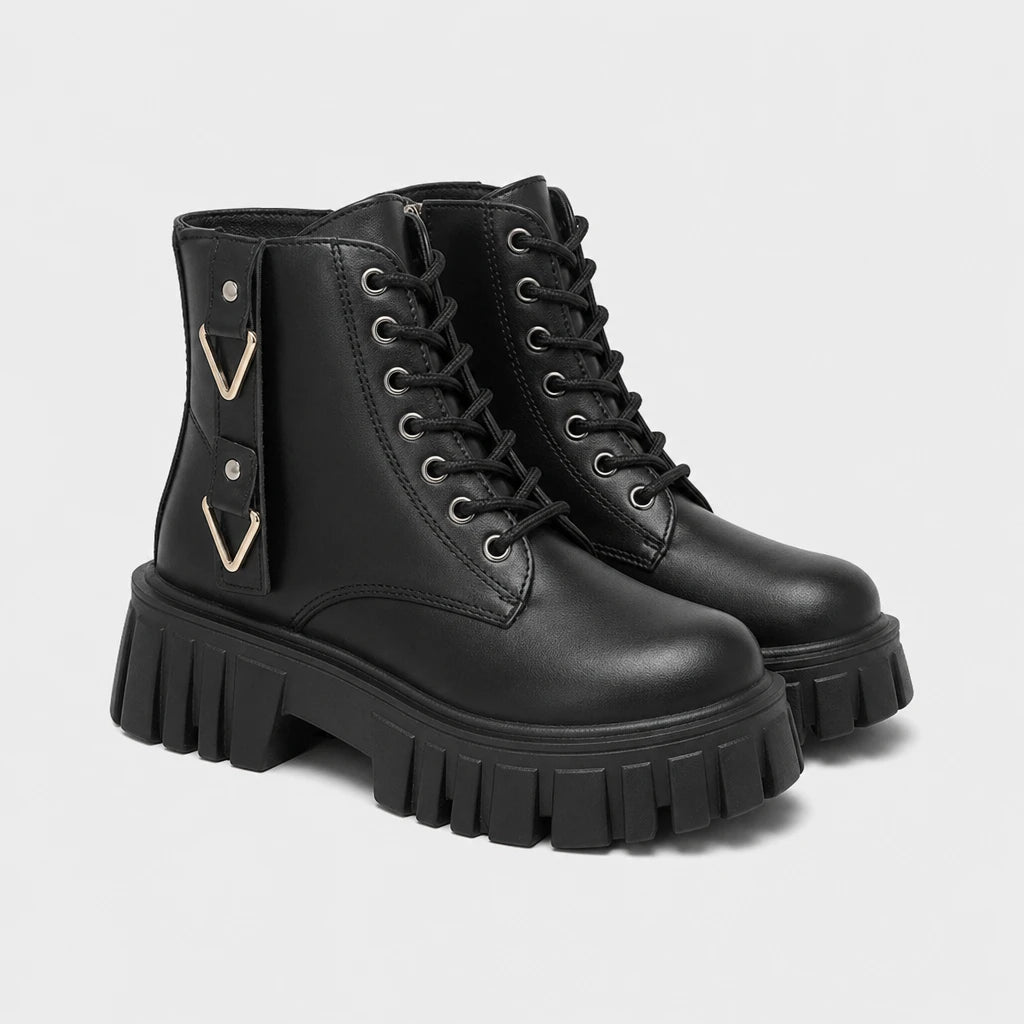 Chunky Lug Sole Motorcycle Boots With Platform Metal Accents