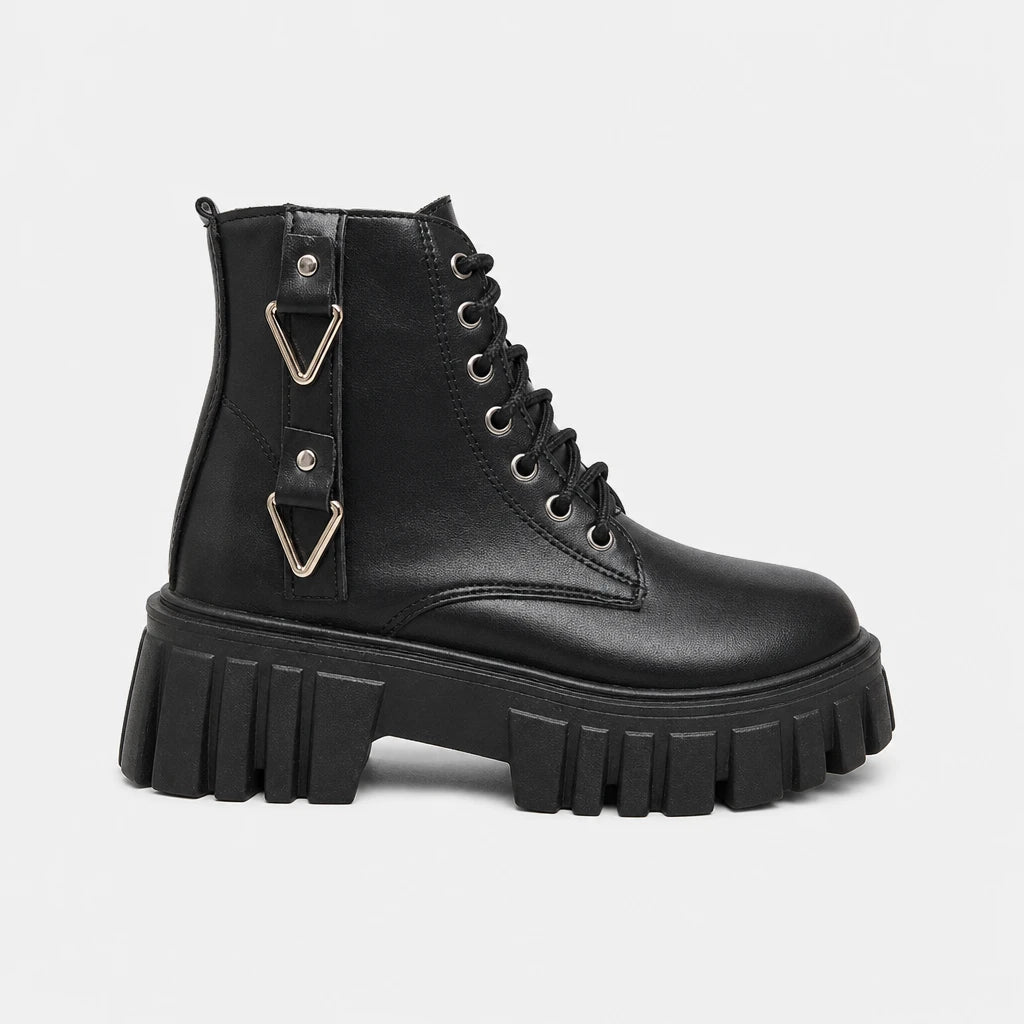 Chunky Lug Sole Motorcycle Boots With Platform Metal Accents