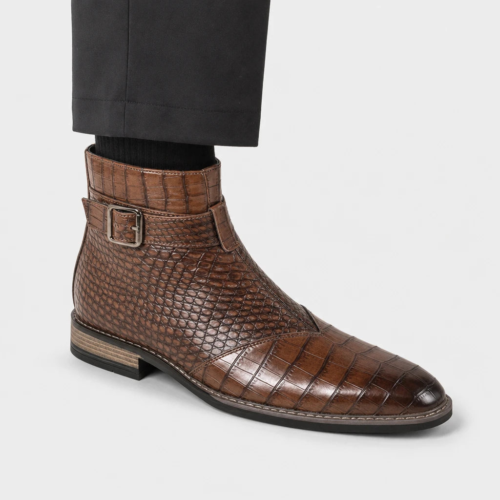 Men'S Brown Crocodile Chelsea Boots Embossed Pointed Toe