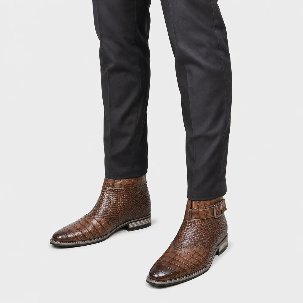 Men'S Brown Crocodile Chelsea Boots Embossed Pointed Toe