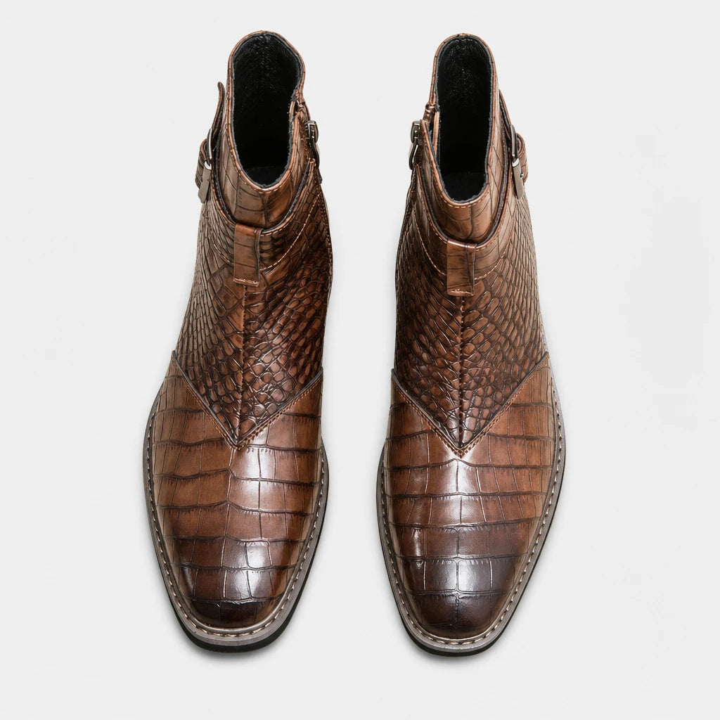 Men'S Brown Crocodile Chelsea Boots Embossed Pointed Toe