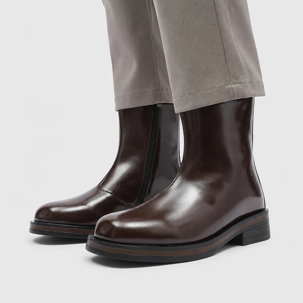 Men'S Dark Brown Mid-Calf Motorcycle Boots With Side Zipper