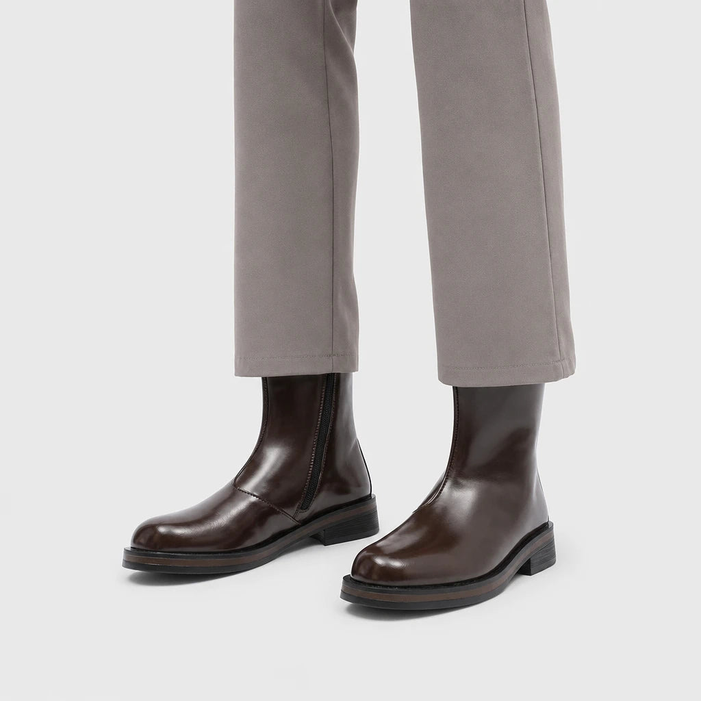Men'S Dark Brown Mid-Calf Motorcycle Boots With Side Zipper