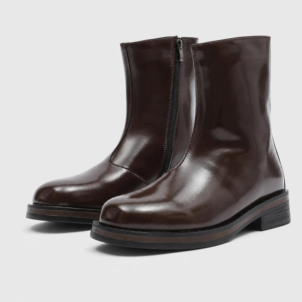 Men'S Dark Brown Mid-Calf Motorcycle Boots With Side Zipper