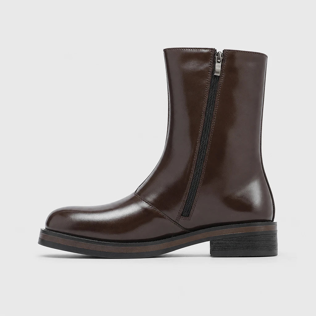 Men'S Dark Brown Mid-Calf Motorcycle Boots With Side Zipper