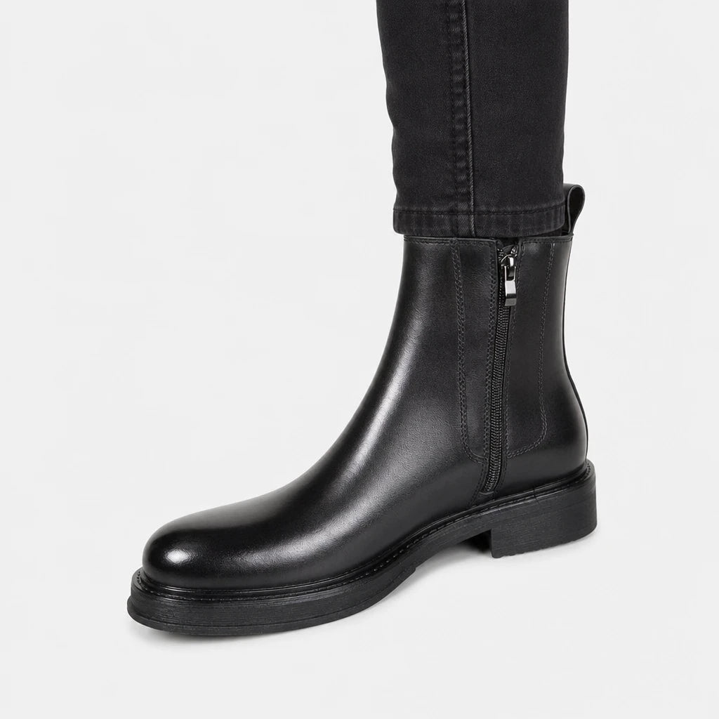 Men'S Round Toe Leather Boots Black