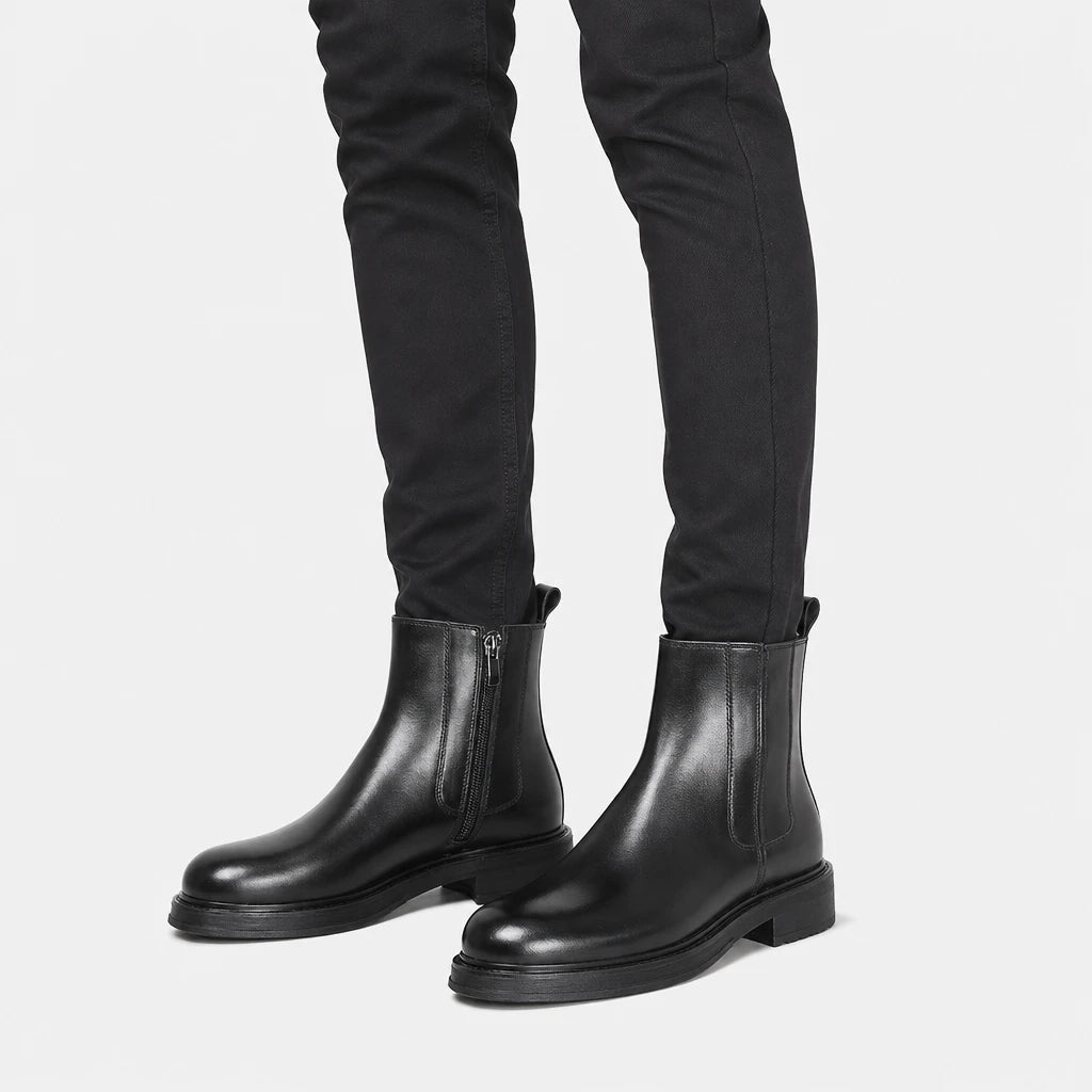 Men'S Round Toe Leather Boots Black