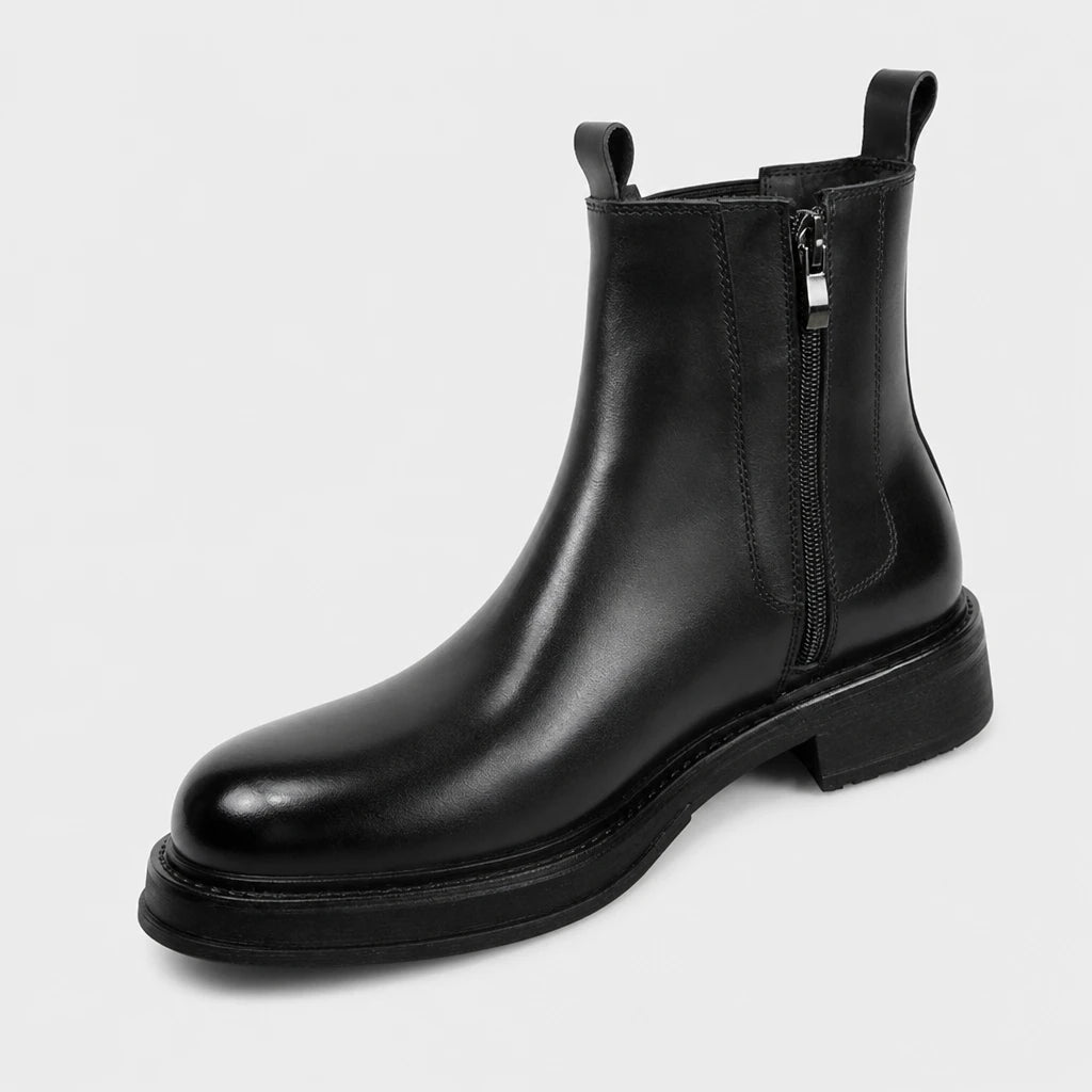 Men'S Round Toe Leather Boots Black