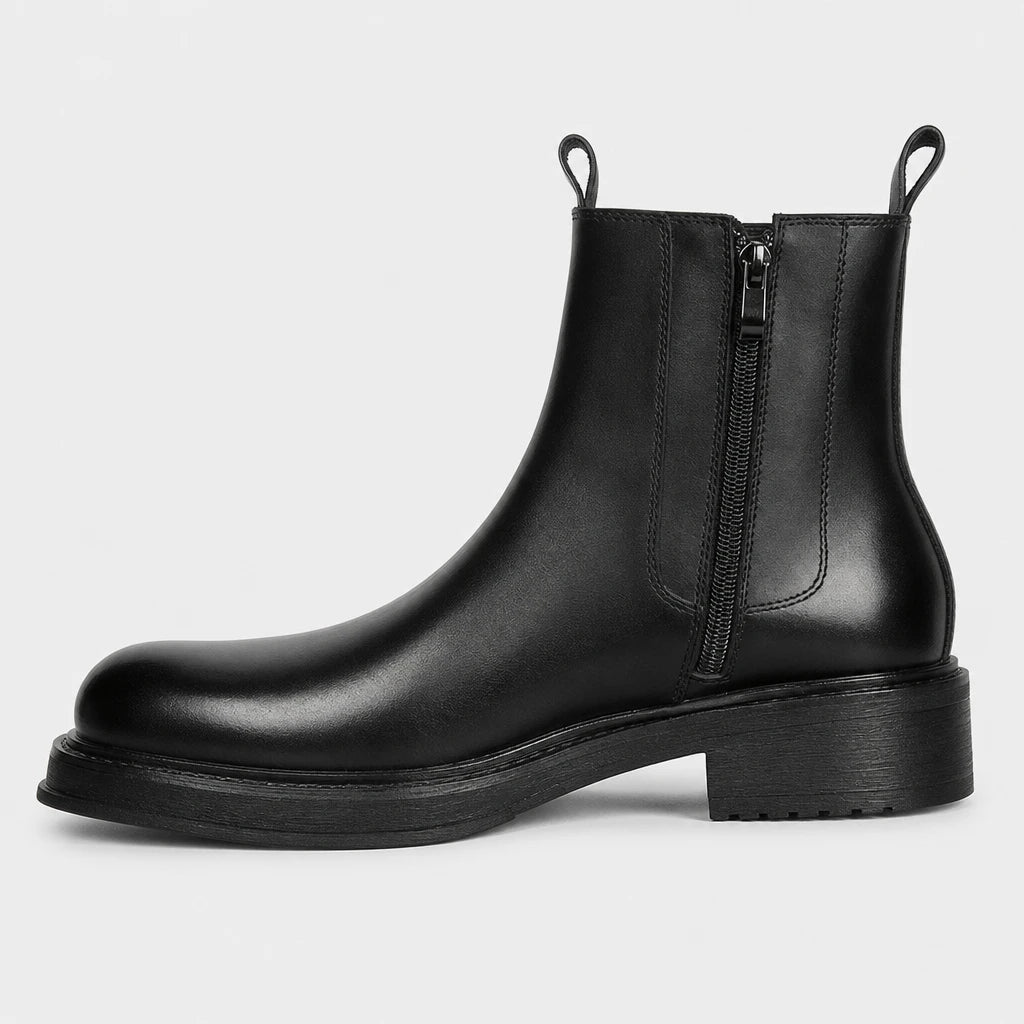 Men'S Round Toe Leather Boots Black