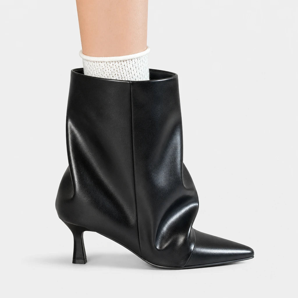 Slip On Slouchy Heel Boots For Women Pointed Toe Black