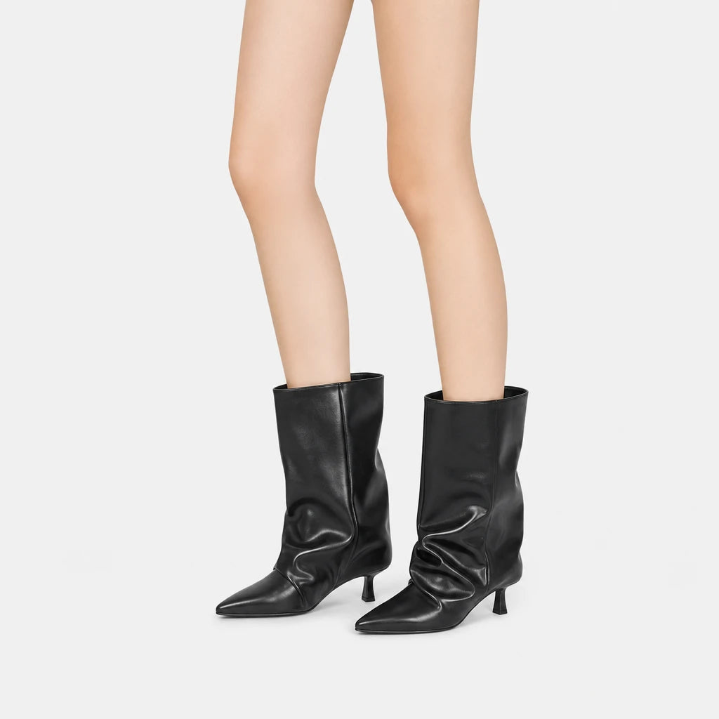 Slip On Slouchy Heel Boots For Women Pointed Toe Black