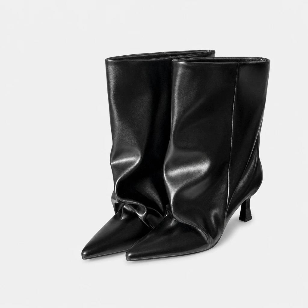 Slip On Slouchy Heel Boots For Women Pointed Toe Black