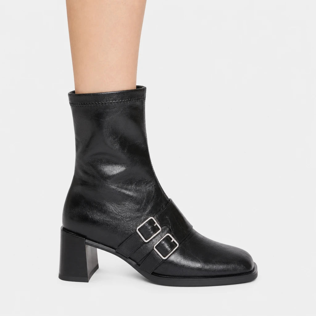 Square Toe Double Buckle Boots Black
