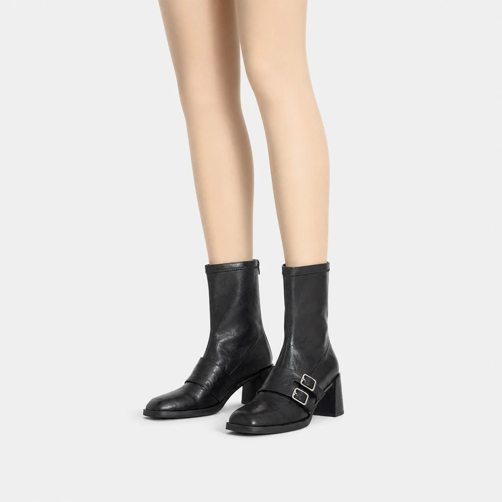 Square Toe Double Buckle Boots Black