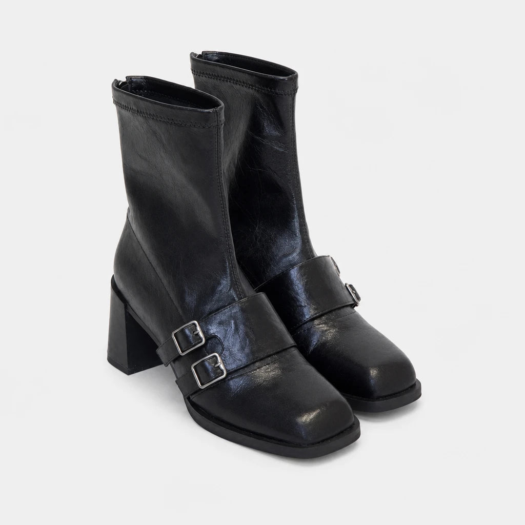 Square Toe Double Buckle Boots Black
