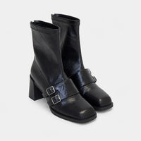 Square Toe Double Buckle Boots Black
