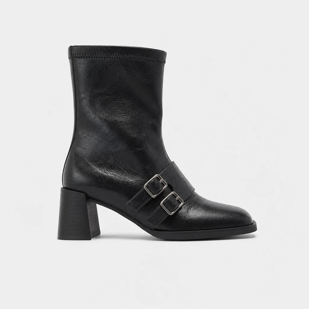 Square Toe Double Buckle Boots Black