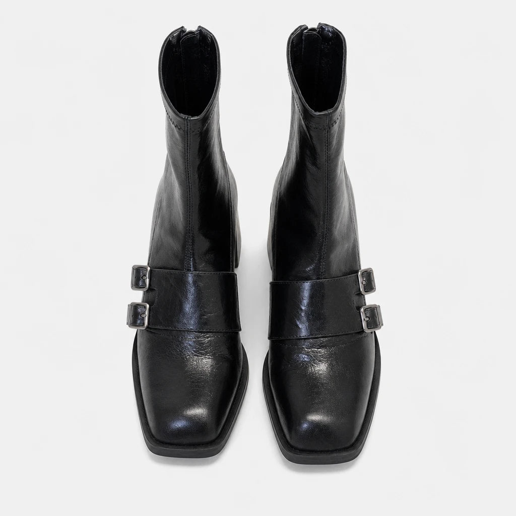 Square Toe Double Buckle Boots Black