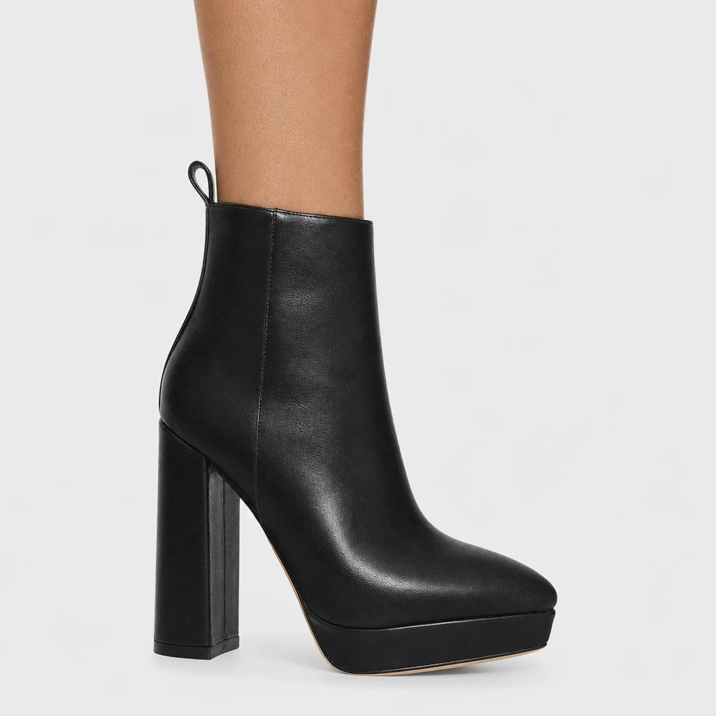 Women Black Platform Ankle Boots Pointed Toe Chunky Heel