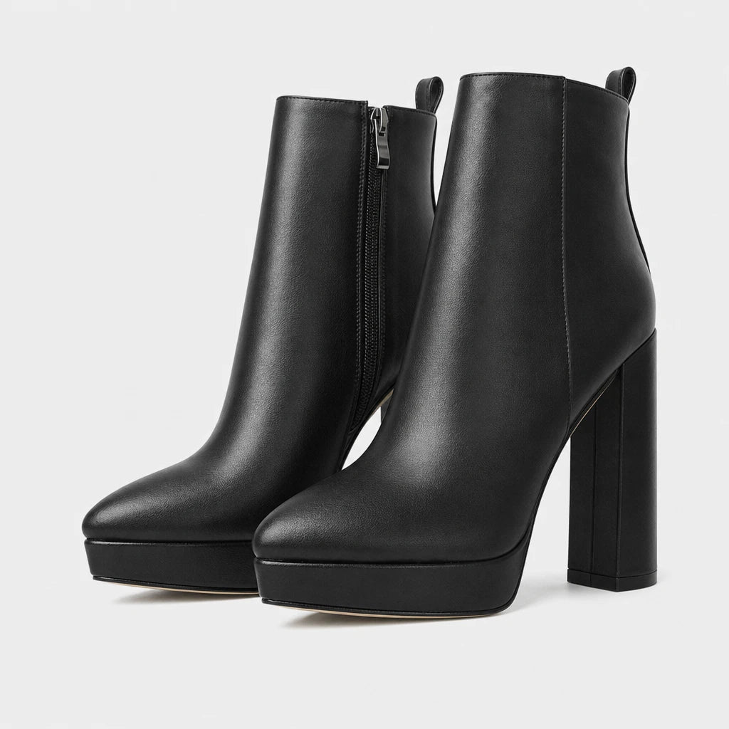 Women Black Platform Ankle Boots Pointed Toe Chunky Heel