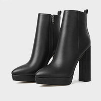 Women Black Platform Ankle Boots Pointed Toe Chunky Heel