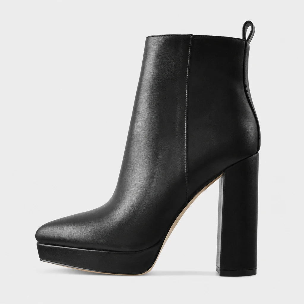 Women Black Platform Ankle Boots Pointed Toe Chunky Heel