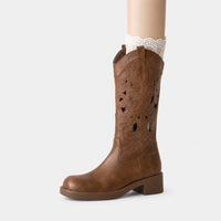 Women'S Roman-Style Hollow Out Mid-Calf Slip-On Boots