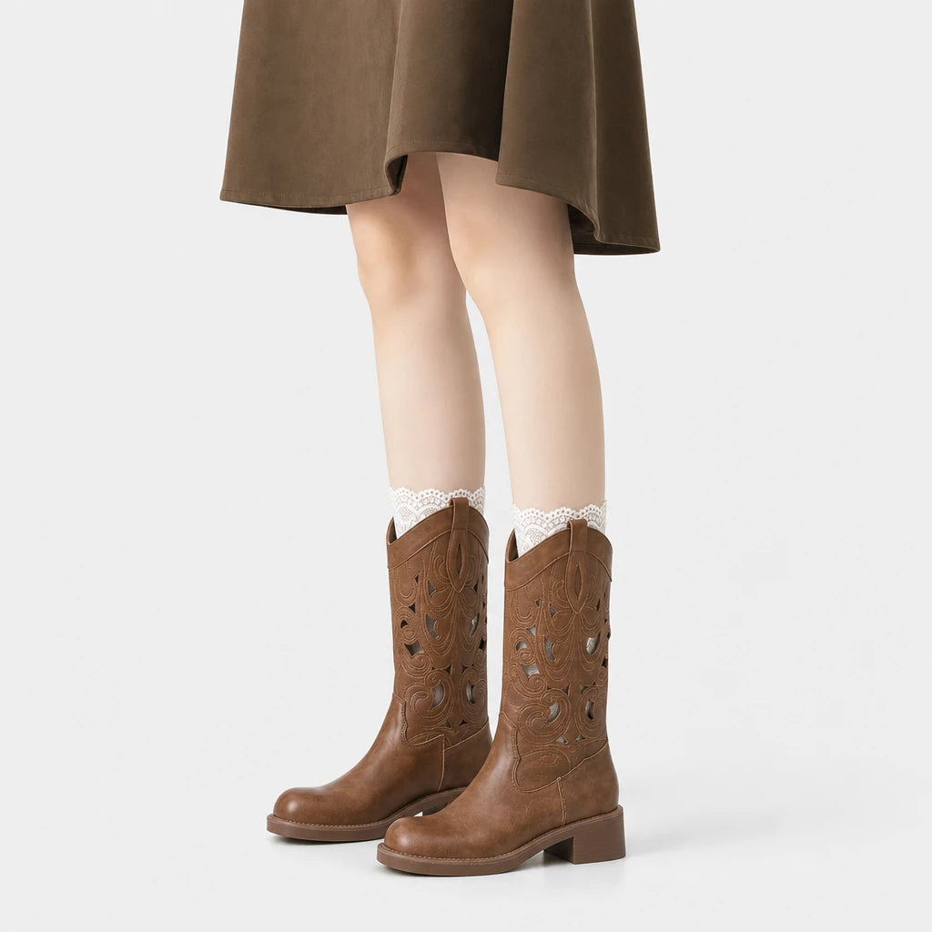 Women'S Roman-Style Hollow Out Mid-Calf Slip-On Boots