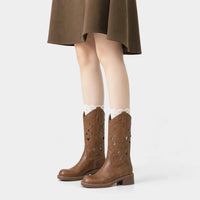Women'S Roman-Style Hollow Out Mid-Calf Slip-On Boots