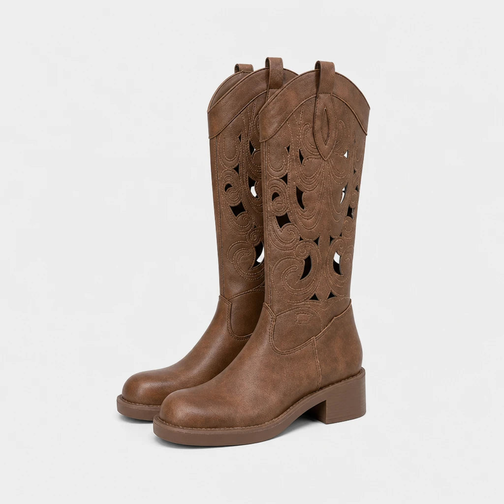 Women'S Roman-Style Hollow Out Mid-Calf Slip-On Boots