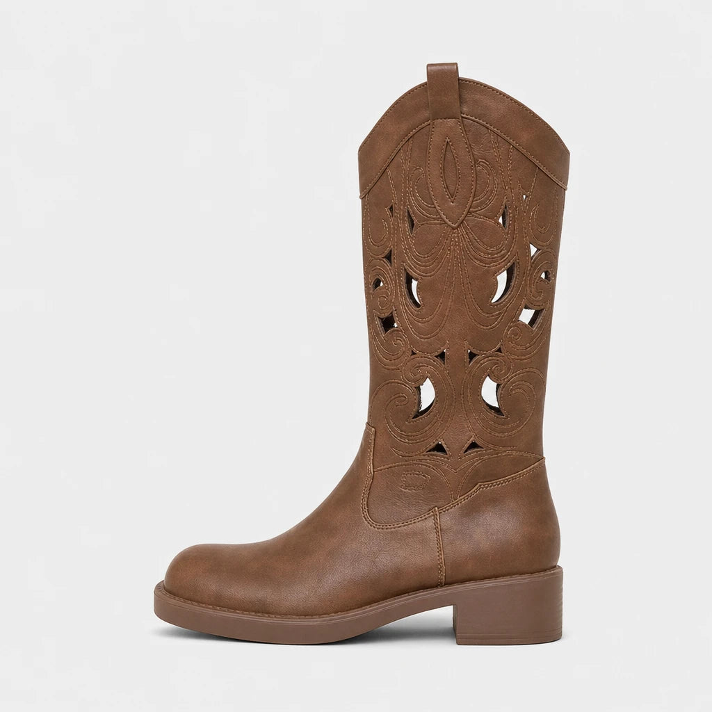 Women'S Roman-Style Hollow Out Mid-Calf Slip-On Boots