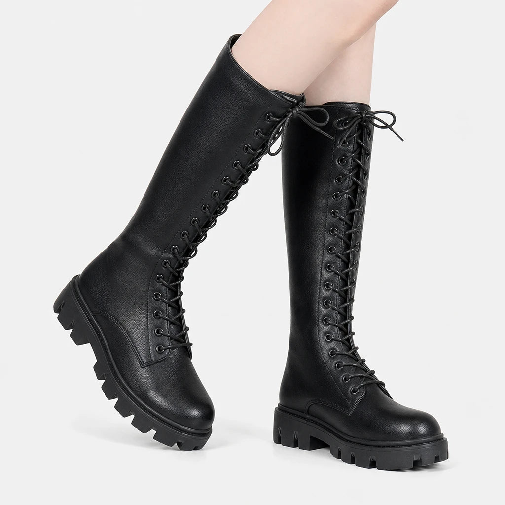 Women's White Knee-High Lace-Up Boots with Chunky Lug Sole