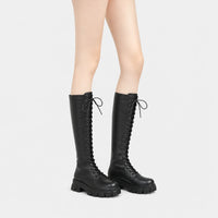 Women's White Knee-High Lace-Up Boots with Chunky Lug Sole