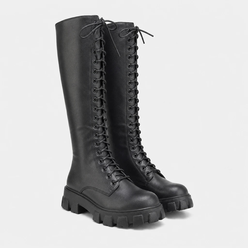 Women's White Knee-High Lace-Up Boots with Chunky Lug Sole