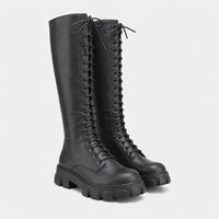 Women's White Knee-High Lace-Up Boots with Chunky Lug Sole