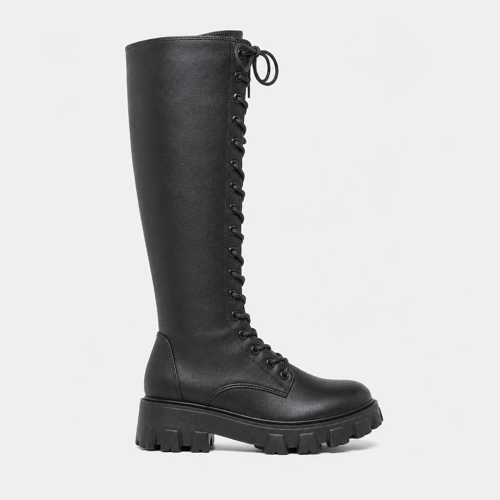 Women's White Knee-High Lace-Up Boots with Chunky Lug Sole