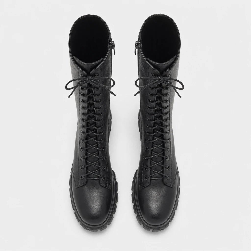 Women's White Knee-High Lace-Up Boots with Chunky Lug Sole